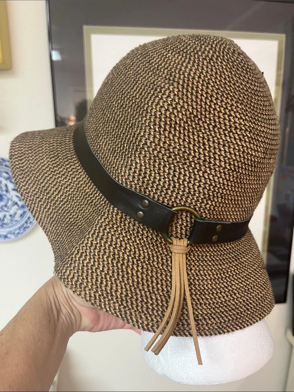 Sunday Afternoons Wide Brim Straw Cloche Hat Leather Band OS UPF 50 Protection